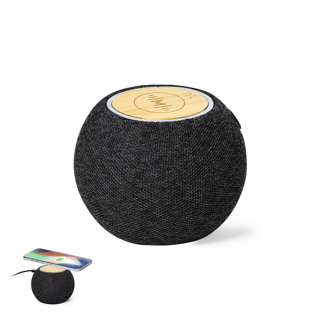 Coluna Bluetooth com carregador wireless 15W em bambu Cedric