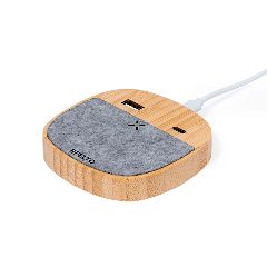 Carregador wireless 15W em bambu e feltro RPET com 2 saídas Emerson – foto 2