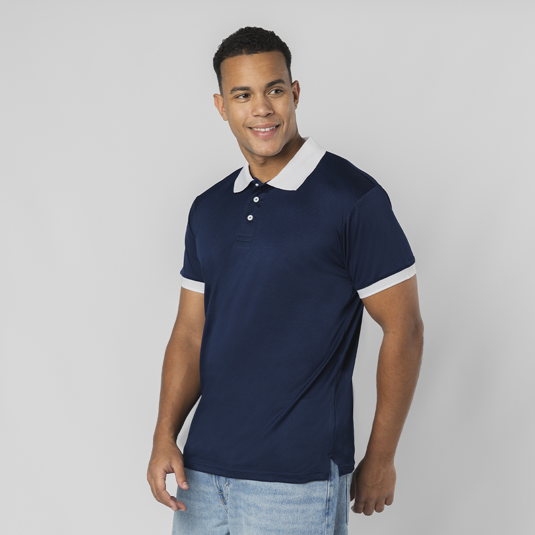 Polo técnico em piqué azul-marinho com gola em contraste Rebon