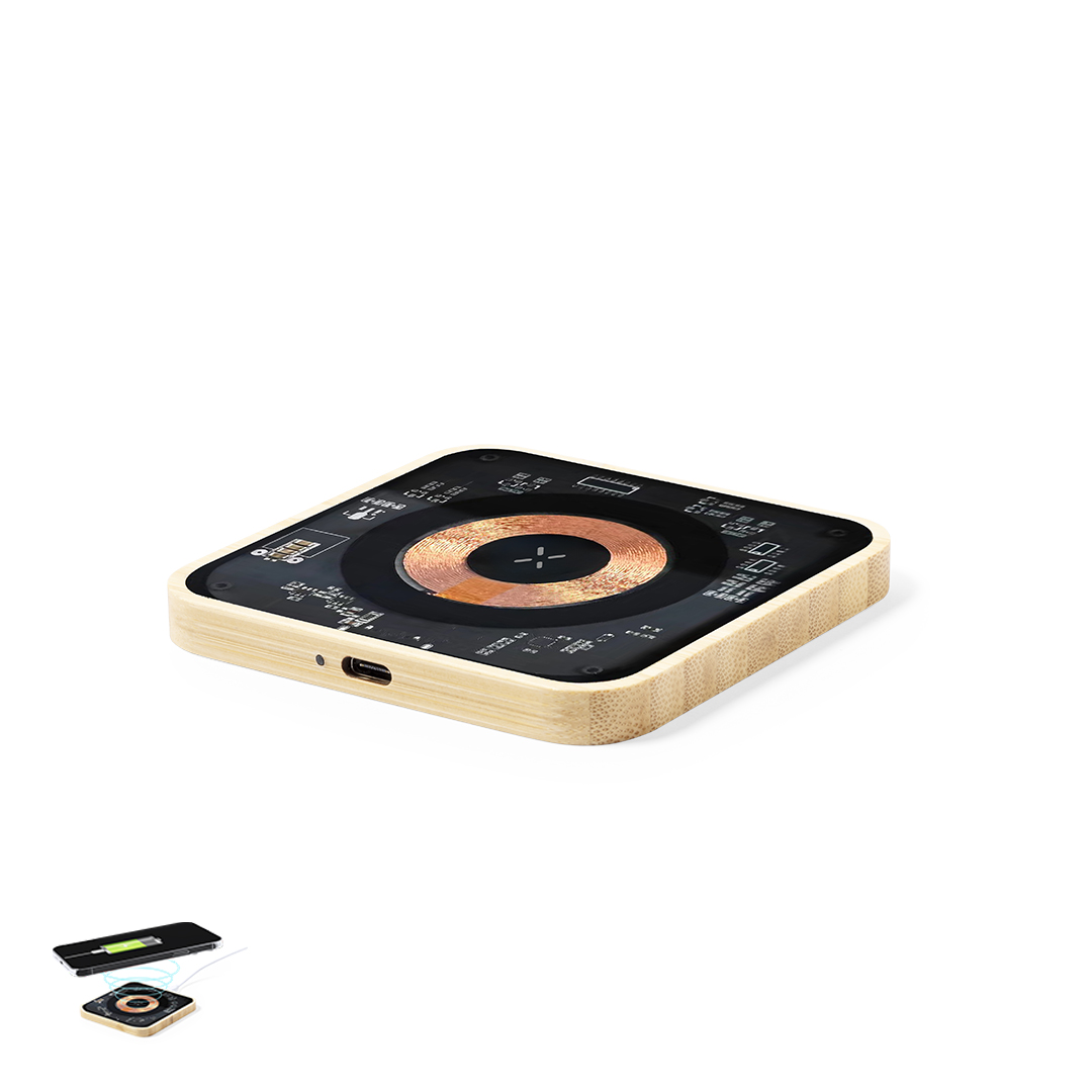 Carregador wireless 15W transparente com base em bambu Gaussian