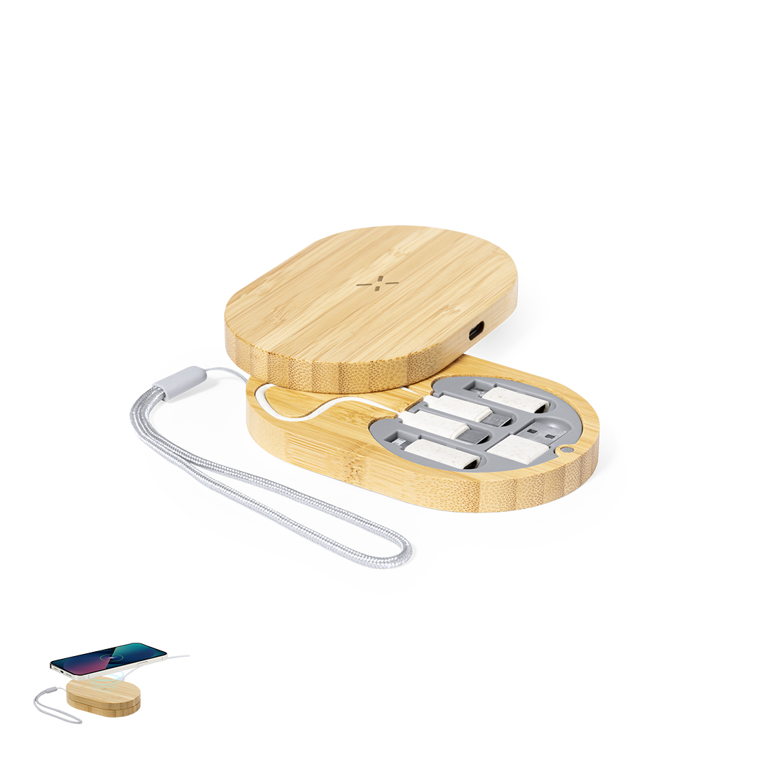 Estojo em bambu com carregador wireless 15W e cabos Eliot