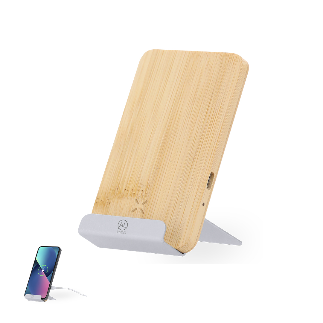 Carregador wireless 15W com suporte em bambu e alumínio Dimitry