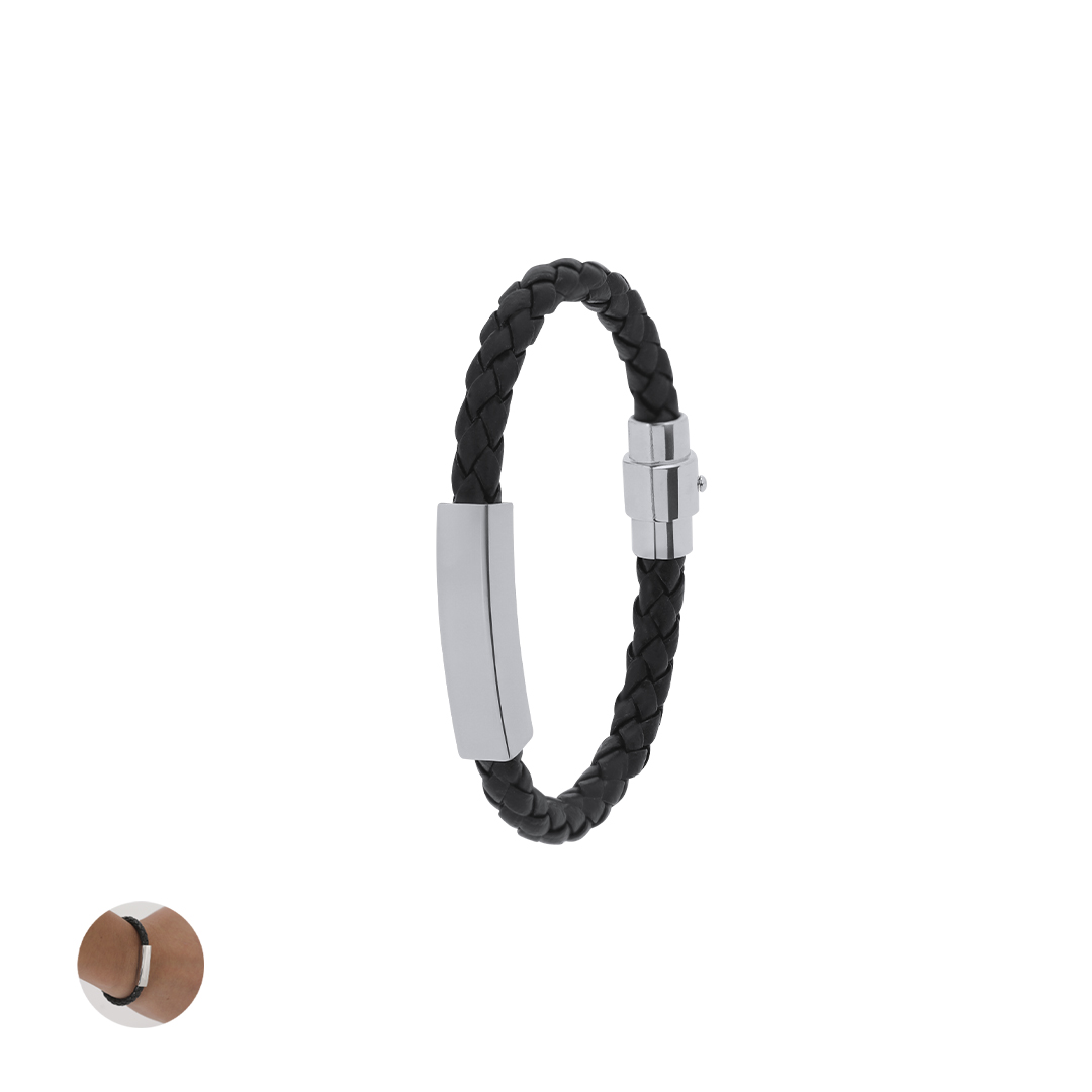 Pulseira em pele sintética com placa inox e fecho magnético Karasef