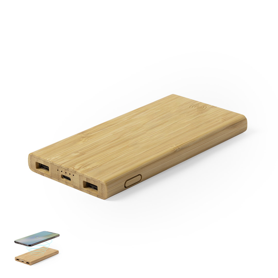 Power bank 6000 mAh em bambu com carregador wireless Kalery